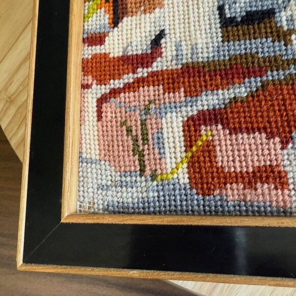 Vintage Framed Needlepoint St. Bernard Puppies Cross-Stitch Art In Wooden Frame - Picture 7 of 10